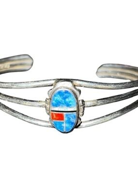 Native American Sterling Silver Turquoise Blue Opal Coral Inlay Cuff Bracelet